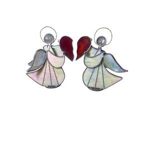 2‎ Vintage Stained Glass Metal Angel Holding Half Heart Figurine Decor Set